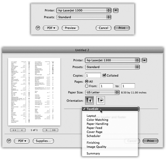 Top: Most of the time, all you want is one darned copy of what’s on your screen. So the standard Print dialog box is Spartan indeed. Bottom: When you expand the box, you get a new world of options, including a preview that you can page through. The options here depend on the printer model. On the Layout pane, you can save paper by choosing a higher number from the Pages per Sheet pop-up menu.