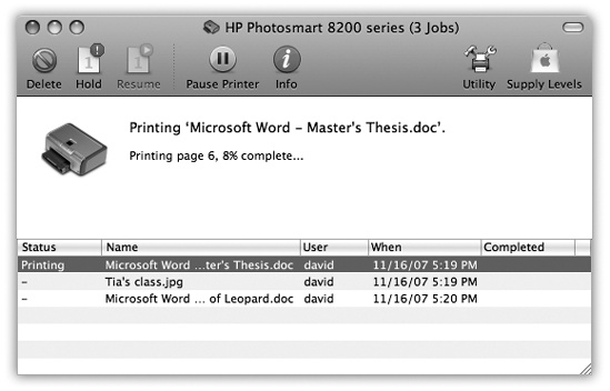 Waiting printouts appear in this window. You can sort the list by clicking the column headings (Name or Status), make the columns wider or narrower by dragging the column-heading dividers horizontally, or reverse the sorting order by clicking the column name a second time. The Supply Level button opens a graph that shows how much ink each cartridge has remaining (certain printer models only).