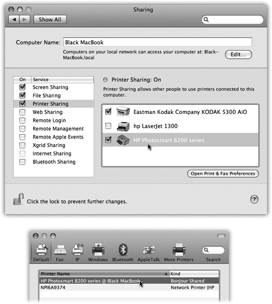 Top: On the Mac with the printer, open the Sharing panel of System Preferences. Turn on Printer Sharing. Turn on the checkbox for the printer(s) you want to share. Bottom: To use a shared printer elsewhere on the network, open the document you want to print, and then choose File→Print. In the Print dialog box, choose Add Printer. The shared printer is clearly identified; click it and click Add, just as you’d add any printer (). From now on, it shows up in the Printer pop-up menu just like any other printer.