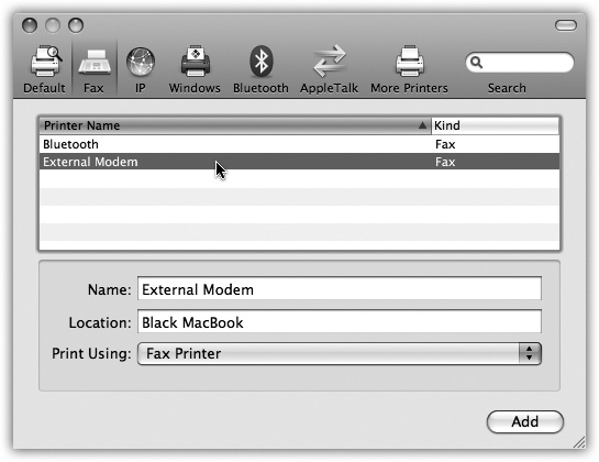 When you click the + button, this handy list of fax modems pops up. Chances are, you have only one—and it’s either an old Apple Internal or a USB External model that you bought from Apple. Click its name, and then click Add.