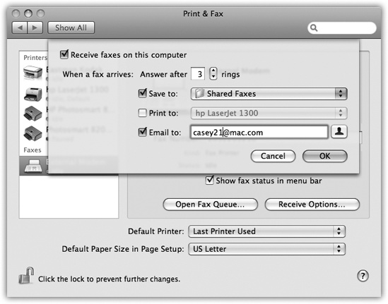 When your Mac answers the fax line, it can do three things with the incoming fax. Option 1: Save it as a PDF file that you open with Preview. (The Mac proposes saving these files into the Users→Shared→Shared Faxes folder, but you can set up a more convenient folder.) Option 2: Print it out automatically, just like a real fax machine. Option 3: Email it to you, so you can get your faxes even when you’re not home (and so you can forward the fax easily).