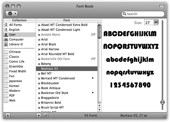 Each account holder can have a separate set of fonts; your set is represented by the User icon. You can drag fonts and font families between the various Fonts folders represented here—from your User account folder to the Computer icon, for example, making it available to all account holders.