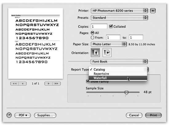 From the Report Type pop-up menu, choose the style you want. The preview screen shows you each one before you commit it to paper. Type-size controls always appear in the lower right.