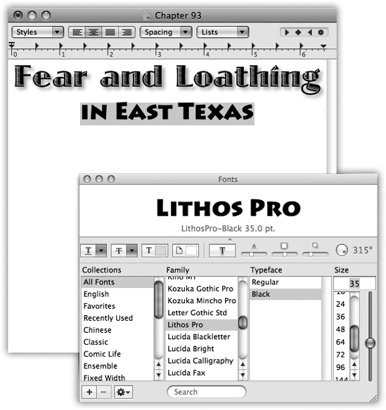 The Fonts panel, generally available only in Cocoa programs, offers elaborate controls over text color, shadow, and underline styles. It also contains some of the genetic material of old-style programs like Suitcase and Font Juggler. See the handy font sample shown here above the font lists? To get it, choose Show Preview from the pop-up menu. Or use the mousy way: Place your cursor just below the title bar (where it says Fonts) and drag downward.