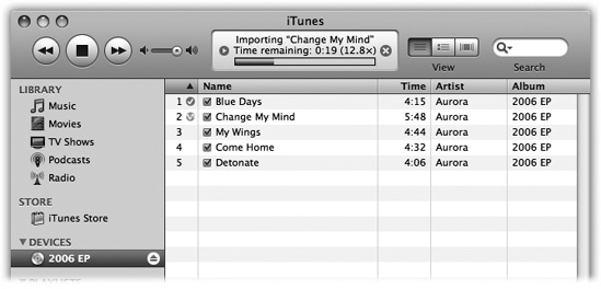 Watch the display at the top of the window to see how long the conversion is going to take, and which song iTunes is working on. As iTunes finishes processing each song, you see a small, circled checkmark next to its name in the main list to remind you that you’ve got it on board and no longer need the CD in your machine.