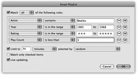 A Smart Playlist is a powerful search command for your iTunes database. You can set up certain criteria, like the hunt for particular Beatles tunes illustrated here. The “Live updating” checkbox makes iTunes keep this playlist updated as your collection changes, as you change your ratings, as your Play Count changes, and so on.