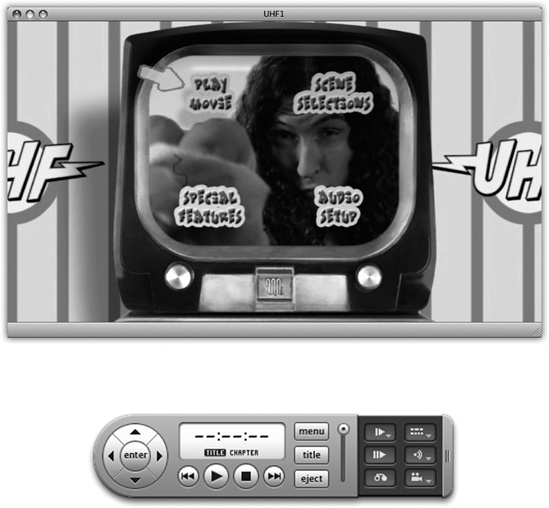 Top: DVDs on your screen! Use your mouse to click the buttons, if you like; that’s a lot more direct than having to use the arrow keys on a remote control. Bottom: You can orient this controller either horizontally or vertically on your screen by choosing Controls→Use Vertical Controller. You can also do without this remote control altogether, since all of its buttons have keyboard equivalents.