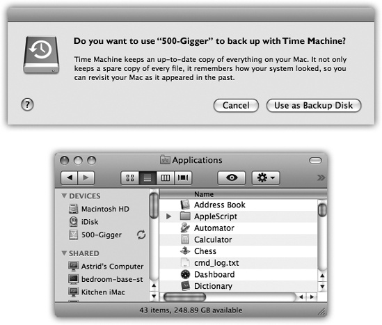 Top: The Mac has just encountered a second hard drive. Time Machine still works if there’s other stuff on the drive, but life is simpler if you don’t use that drive for anything but Time Machine. The more space Time Machine has to work with, the farther back in time you’ll be able to go to recover deleted or mangled files. Bottom: The backup has begun. You know that because you see both a progress message and the symbol that appears next to the backup drive’s name in your Sidebar.