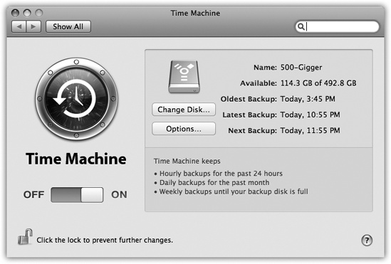 Use the big On/Off switch to shut off all Time Machine activity, although it would be hard to imagine why you’d want to risk it. You can click Choose Backup Disk to choose a different hard drive to represent the mirror of your main drive (after the first one is full, for example).