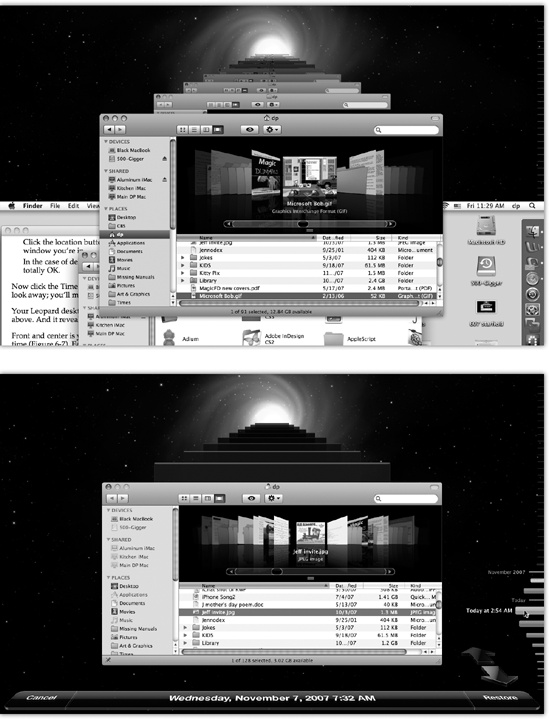 This is the big payoff for all your efforts. Top: The familiar desktop slides down, dropping away like a curtain. For the first time, you get to see what’s been behind the desktop all this time. Turns out it’s outer space. Bottom: Time Machine shows you dozens of copies of the Finder window, representing its condition at each backup, stretching back to the past.