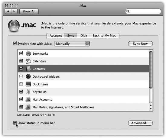 To set up .Mac sync, open System Preferences. Click .Mac, and then click the Sync tab. Turn on the checkboxes for the information you want synchronized. Use the pop-up menu at the top to set up an automatic sync schedule. While you’re at it, turn on “Show status in menu bar,” so you’ll be able to start or stop the syncing manually, too.