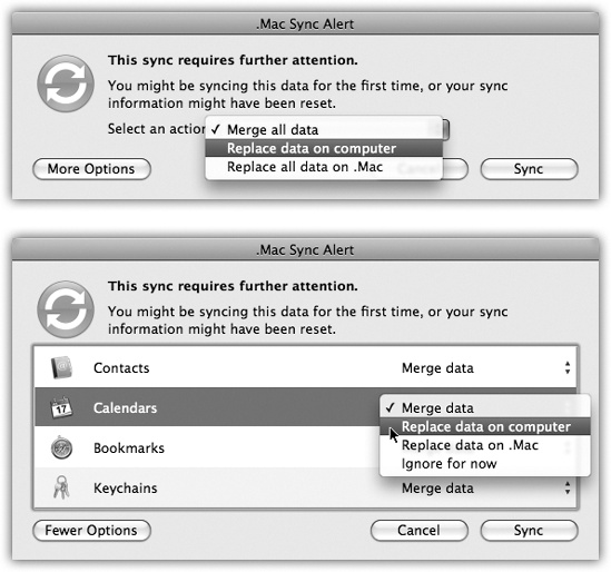 This message lets you decide how to proceed when data on one of the synced Macs is wildly out of sync with what’s been “published” by another Mac. You can merge the information from the two (a great way to combine address books or calendars), make this Mac’s data wipe out the other’s (“Replace data on .Mac”), or make the Internet-based data replace this computer’s (“Replace data on computer”). You can do this job en masse (top)—or, if you click Options, you can make this choice independently for each data type.