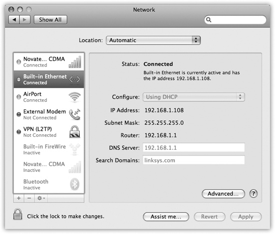 The network connections listed here are tagged with color-coded dots. A green dot means turned on and connected to a network; yellow means working, but not connected at the moment; red means you haven’t yet set up a connection method.