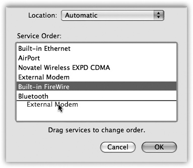 The key to multihoming is sliding the network connection methods’ names up or down. Note that you can choose a different connection sequence for each location. (Locations are described later in this chapter.)