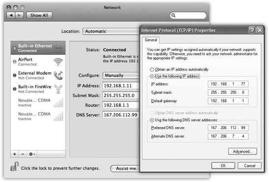 Don’t be alarmed by all the numbers and periods—it’s all in good fun. (If you find TCP/IP fun, that is.) Here, you see the setup for a cable-modem account with a static IP address, which means you have to type in these numbers yourself, as guided by the cable company.