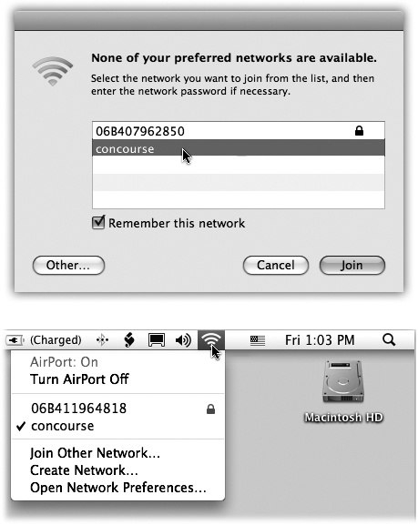 Left: Congratulations—your Mac has discovered new Wi-Fi hot spots all around you! Double-click one to join it. But if you see a icon next to the hot spot’s name, beware: It’s been protected by a password. If you don’t know it, then you won’t be able to connect. Right: Later, you can always switch networks using the AirPort menulet.