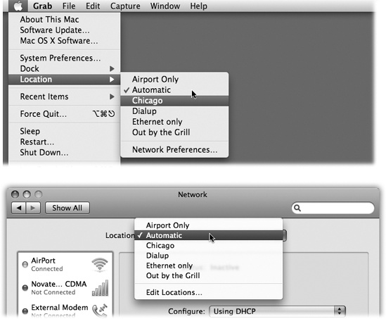 The Location feature lets you switch from one “location” to another just by choosing its name—either from the menu (top) or from this pop-up menu in System Preferences (bottom). The Automatic location just means “the standard, default one you originally set up.” (Don’t be fooled: Despite its name, Automatic isn’t the only location that offers multihoming, described earlier in this chapter.)