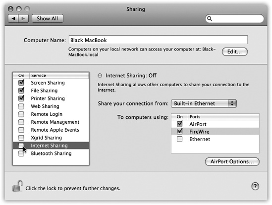 Ka-ching! Mac OS X’s Internet Sharing just saved you the cost of a $50 hardware router. In this example, the Mac is connected to a cable modem via Ethernet. But other Macs are connected to it via wireless AirPort and by a FireWire cable. And now they can get online, too, even though they’re not directly connected to the cable modem.