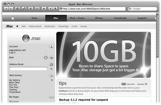 The .Mac features appear as buttons on the .Mac Web site. For example, iCards are attractively designed electronic greeting cards that you can send by email. Backup is a basic backup program that you can download from this site. Webmail, HomePage, an antivirus program, and features that synchronize your iCal and iSync data with other computers are the other second-tier features. The best feature, however, is iDisk.