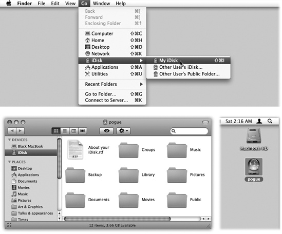 Choose Go →iDisk →My iDisk (top) or click the iDisk icon in your Sidebar. When the iDisk finally appears (bottom right), double-click it—and wait—to see its contents (bottom left). Note that you can’t create your own folders on this special disk; you must drag your files directly into one of the folders shown here.