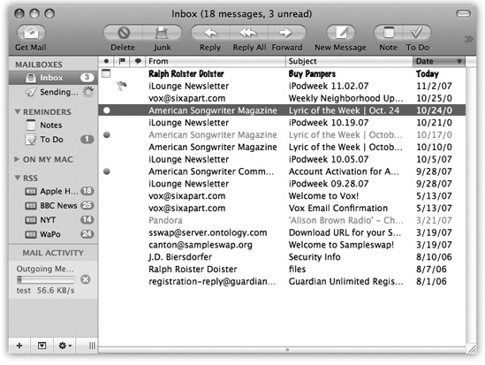 If you’ve ever used iTunes, you’ll notice a lot of similarities with the Mail window. All your information sources—mailboxes, notes, To Do items, and RSS Feeds—are grouped tidily in the far left column where you can always see them. Buttons along the top of the Mail window let you create new messages, notes, and tasks with a click. To see what’s in one of these folders, click it once. The list of its messages appears in the top half of the right side of the window (the Messages list). When you click a message name, the message itself appears in the bottom half of the main window (the Preview pane).