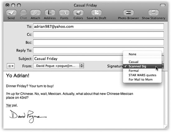 A message has two sections: the header, which holds information about the message; and the body, the big empty area that contains the message itself. In addition, the Mail window has a toolbar, which offers features for composing and sending messages. The Signature pop-up menu doesn’t exist until you create a signature (); the Account pop-up menu lets you pick which email address you’d like to send the message from (if you have more than one email address).