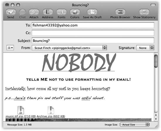 If you really want to use formatting, click the Fonts icon on the toolbar to open the Font panel, or the Colors icon to open the Color Picker (). The Format menu (in the menu bar) contains even more controls: paragraph alignment (left, right, or justify), and even Copy and Paste Style commands that let you transfer formatting from one block of text to another.