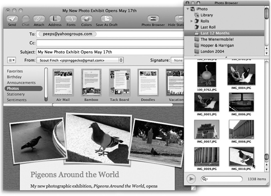 To use Stationery, start by clicking a template, then add your own text in place of the generic copy that comes with the template. Click the Photo Browser button at the top of the message window to open your Mac’s photo collections (shown at right), and then drag the images you want into the picture boxes on the stationery template. You don’t have to know a lick of HTML to use the templates—it’s all drag, drop, and type, baby.