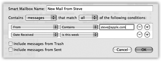 Mail lets you create self-populating folders. In this example, the “New Mail from Steve” smart mailbox will automatically display all messages from Steve Jobs at Apple that you’ve received in the past week.