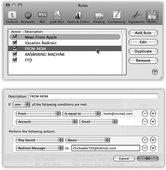 Top: Mail rules can screen out junk mail, serve as an email answering machine, or call important messages to your attention. All mail message rules you’ve created appear in this list. (The color shading for each rule is a reflection of the colorizing options you set up, if any.) Bottom: Double-click a rule to open the Edit Rule dialog box, where you can specify what should set off the rule and what it should do in response.