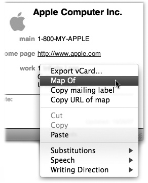 The options that become available when you click the field labels on an address card vary according to field type. Pop-up menus let you send email, open a Web page, or view a map, depending on the type of field you’ve clicked.