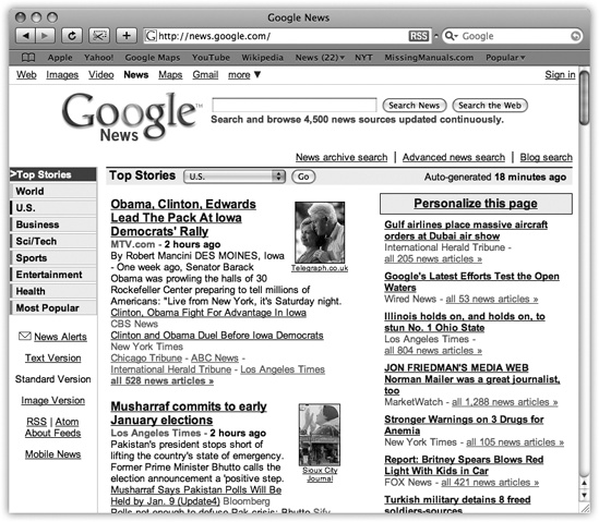 The Safari window offers tools and features that let you navigate the Web almost effortlessly. These various toolbars and buttons are described in this chapter. One difference that may throw you if you’re used to other browsers: When you’re loading a Web page, the progress bar appears as a colored stripe that gradually darkens the address bar itself, rather than as a strip at the bottom of the window.