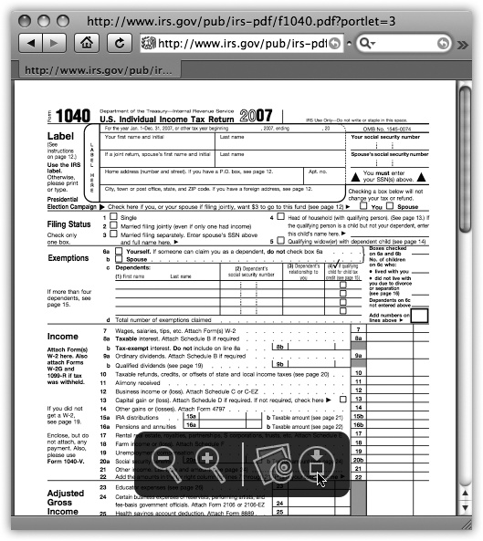 If you’re having trouble reading the tiny type in a PDF, move your mouse to the bottom of it to make Safari’s PDF toolbar appear. You can zoom out, zoom in, open the file in the Mac’s Preview program, or even download it from the Web site with a well-placed click.