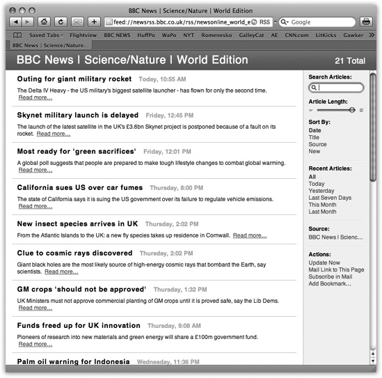 The Length slider controls how much text appears for each RSS blurb; if you drag it all the way to the left, you’re left with nothing but headlines. To change the number and order of the articles being displayed, use the search options on the right. And if you feel a sudden desire to tell your friends about an amazing RSS feed you’ve just discovered, use the “Mail Link to This Page” link in the lower-right section of the window.