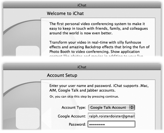 The iChat setup assistant gives you the chance to input your account names and passwords, if you already have them. Only one of these screens (“Set up iChat Instant messaging”) offers you the chance to create a chat account, in this case a free .Mac account. Otherwise, you’re expected to have a name and password (for AIM, Google Talk or Jabber, for example) already.