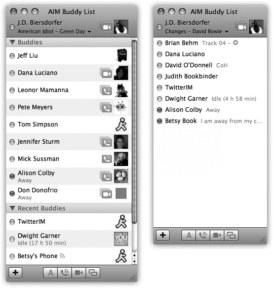 Click the + button to add a new buddy, either by choosing from your address book or from scratch (by clicking New Person). If you’ve used AIM before, you may find that you’ve already got buddies in your list. AIM accounts store their buddy lists on AOL’s computers, so that you can keep your buddies even if you switch computers. Right: Is your Buddy List taking up too much screen space? Use the options in the View menu to lose the buddy pictures and other chunky icons to streamline the window.