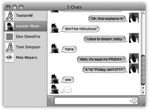 Now, when you’re conversing with several buddies, you can bounce between conversations by clicking the buddy names on the side of the window. It’s not as adventurous as keeping all your chats going in separate windows, but it’s a lot easier to hide when the boss comes your way.