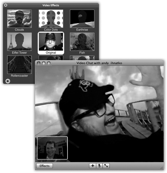 Top left: You have plenty of backgrounds to choose from for your next video chat. Click an effect to add it to your chat window. Click the small arrows at the bottom of the window to advance or retreat through the various effects styles. Click the Original square in the middle of the window to erase the effect and start again from scratch. Lower right: Let the live bluescreen action begin!