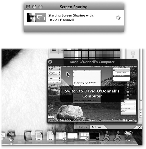 Top: You either send or receive an invitation to start sharing your screen, but make sure you know with whom you’re dealing before accepting the offer and starting the sharing process. Bottom: When you’re sharing someone else’s screen, you have the option to click back and forth between the two Mac screens.