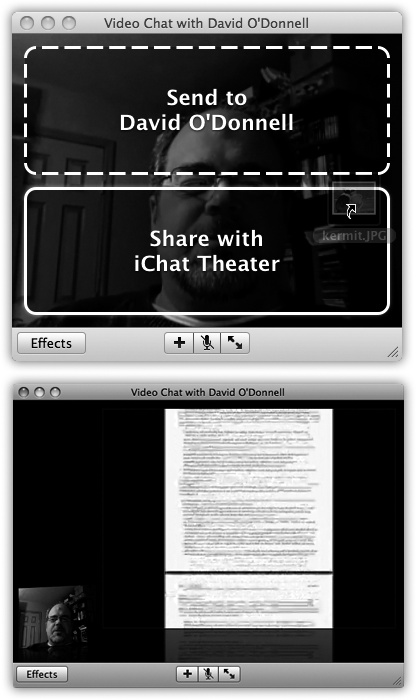 Top: You can start an iChat Theater session by choosing File→Share a File with iChat Theater, or as shown here, by simply dropping the file on an open video chat window and going for the iChat Theater option. Bottom: Once you’ve started a Theater show in Chat, the shared file takes center stage so you both can look at it and discuss amongst yourselves.