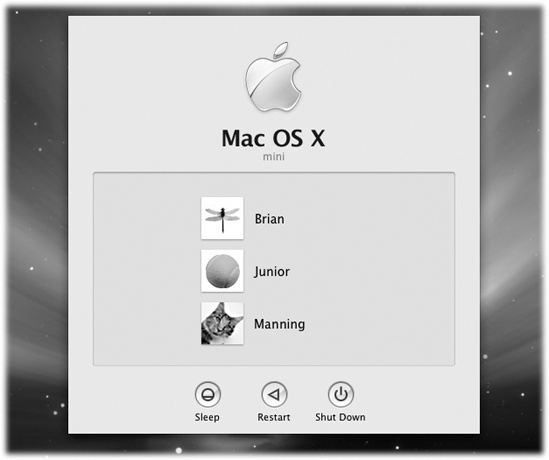 When you set up several accounts, you don’t turn on the Mac so much as sign into it. A command in the menu called Log Out summons this sign-in screen, as does the Accounts menu described later in this chapter. Click your own name, and type your password (if any), to get past this box and into your own stuff.