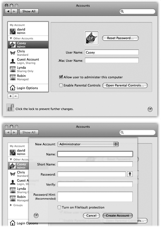 Top: The screen lists everyone who has an account. From here, you can create new accounts or change passwords. If you’re new at this, there’s probably just one account listed here: yours. This is the account that Mac OS X created when you first installed it. You, the all-wise administrator, have to click the to authenticate yourself before you can start making changes. Bottom: In the revamped Leopard account-creation process, the first step is choosing which type of account you want to create.