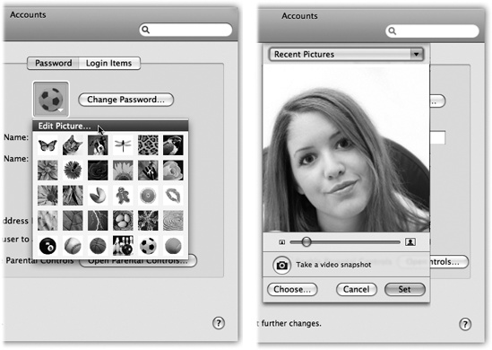 Once you’ve selected a photo to represent yourself (left), you can adjust its position relative to the square “frame” (right), or adjust its size by dragging the slider. Finally, when the picture looks correctly framed, click Set. (The next time you return to the Images dialog box, you can recall the new image using the Recent Pictures pop-up menu.)