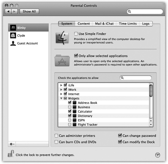 In the Parental Controls window, you can control the capabilities of any account holder on your Mac. In the lower half of the System tab window, you can choose applications and even Dashboard widgets by turning on the boxes next to their names. (Expand the flippy triangles if necessary.) Those are the only programs these account holders will be allowed to use. (The new Search box helps you find certain programs without knowing their categories.)