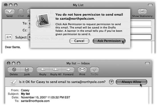 Top: If your kid tries to contact someone who’s not on the Approved list, he can either give up or click Ask Permission. Bottom: In the latter case, you’ll know about it. If you’re convinced that the would-be correspondent is not, in fact, a stalker, you can grant permission by clicking Always Allow. Your young ward gets the good news the next time he visits his Drafts folder, where the message has been awaiting word from you, the Good Parent.