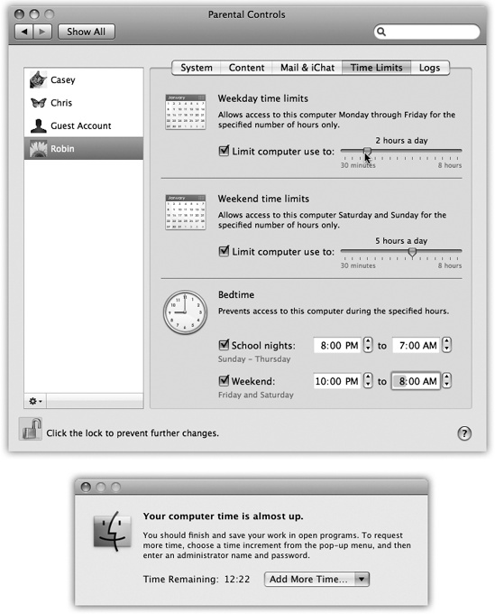 Top: If this account holder tries to log in outside of the time limits you specify here, she’ll encounter only a box that says, “Computer time limits expired.” She’ll be offered a pop-up menu that grants her additional time, from 15 minutes to “Rest of the day”—but it requires your parental consent (actually, your parental password) to activate. Bottom: Similarly, if she’s using the Mac as her time winds down, she gets this message. Once again, you, the all-knowing administrator, can grant her more time using this dialog box.