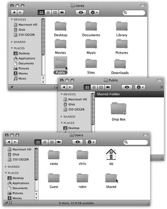 Top: In other people’s Home folders, the Public and Sites folders are available for your inspection. These two folders contain stuff that other people have “published” for the benefit of their co-workers. Middle: In the Public folder is the Drop Box, which serves the opposite purpose. It lets anyone else who uses this Mac hand in files to you; they, however, can’t see what’s in it. Bottom: Inside the Users folder (to get there from a Home folder, press -up arrow) is the Shared folder, a wormhole connecting all accounts. Everybody has full access to everything inside.