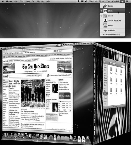 Top: The appearance of the Accounts menu lets you know that Fast User Switching is turned on. The circled checkmark indicates people who are already logged in, including those who have been “fast user switched” into the background. The dimmed name shows who’s logged in right now. Bottom: When the screen changes from your account to somebody else’s, your entire world slides visibly offscreen as though it’s mounted on the side of a rotating cube—a spectacular animation made possible by Mac OS X’s Quartz Extreme graphics software.