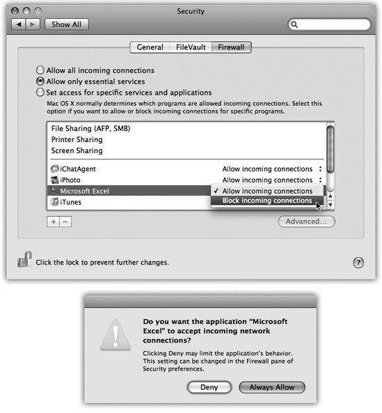 Top: Apple’s new firewall in Mac OS X 10.5 looks like this. It lists the programs that have been given permission to receive communications from the Internet. At any point, you can change a program’s Block/Allow setting, as shown here. Bottom: From time to time, some program will ask for permission to communicate with its mother ship. If it’s a program you trust, click Always Allow. You can also click the + button to navigate your Applications folder and manually choose programs for inclusion. For more power and flexibility, install a shareware program like Firewalk or Brickhouse (available from www.missingmanuals.com, for example).