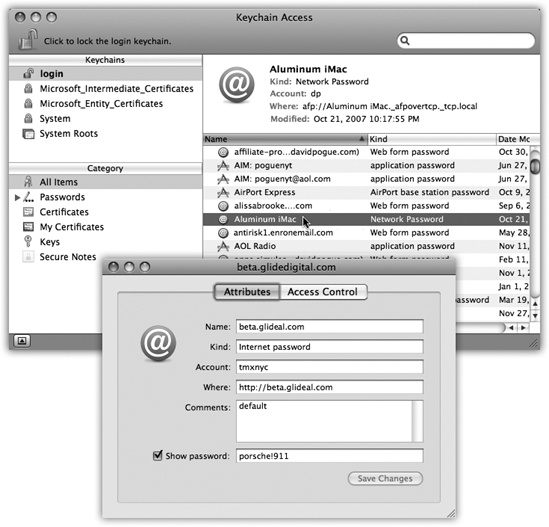 In the main Keychain list, you can double-click a listing for more details about a certain password—including the actual password it’s storing. To see the password, turn on “Show password.” The first time you try this, you’re asked to prove your worthiness by entering your Keychain password (usually your account password). If you then click Always Allow, you won’t be bothered for a password-to-see-this-password again.